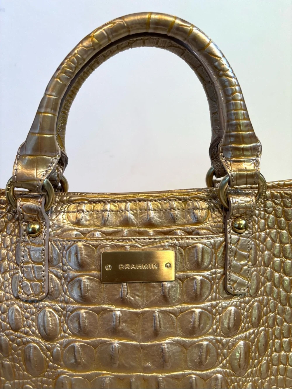 Rare New Brahmin Croc Mini Arno Fizz Glossy Gold Tan NWT